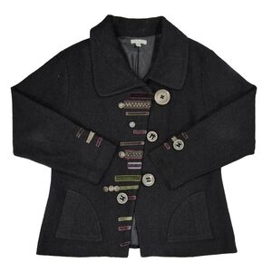Carson~Women Wool Applique Button Jacket~Lagenlook~Black Artsy Whimsical~XL